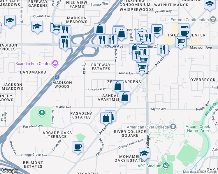 map of restaurants, bars, coffee shops, grocery stores, and more near 4912 Orchid Way in Sacramento