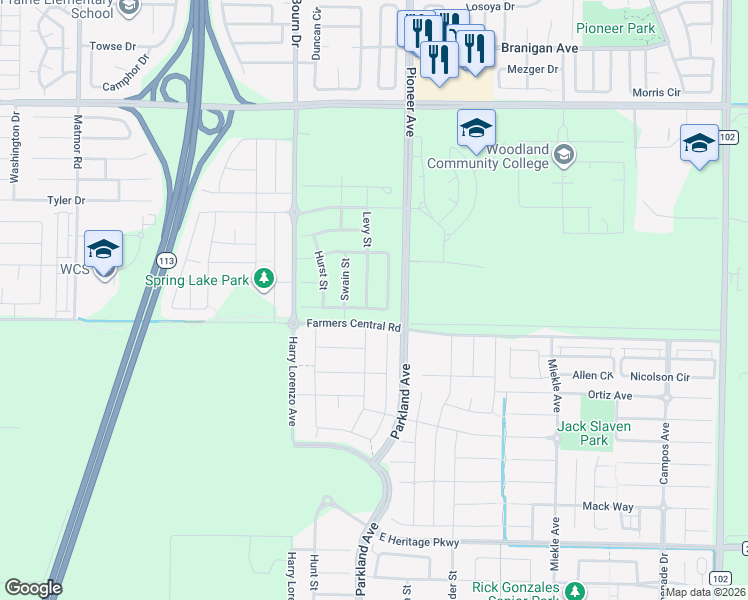 map of restaurants, bars, coffee shops, grocery stores, and more near 1400 Pioneer Avenue in Woodland