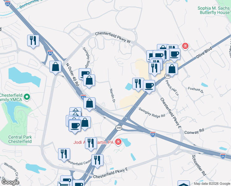map of restaurants, bars, coffee shops, grocery stores, and more near 844 Nardin Road in Chesterfield