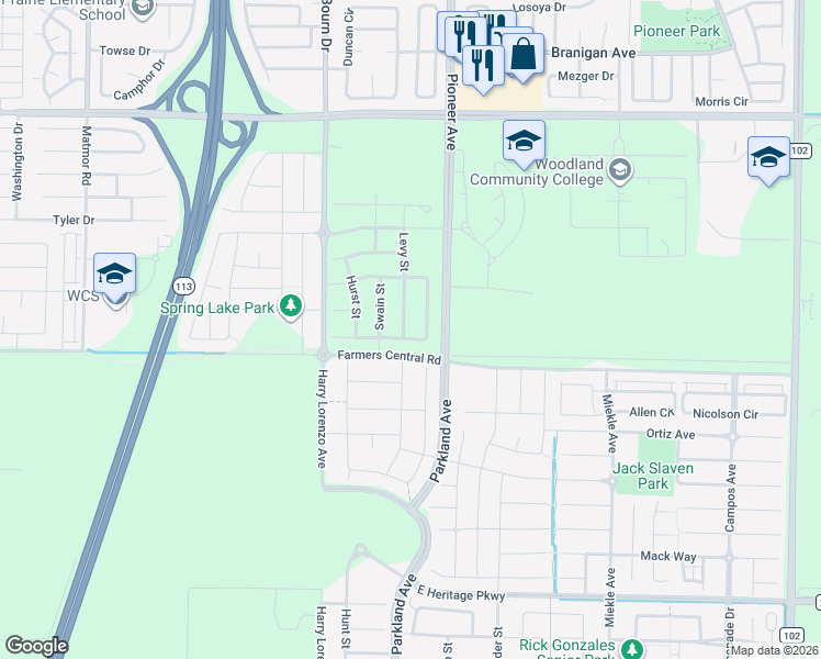 map of restaurants, bars, coffee shops, grocery stores, and more near 1400 Pioneer Avenue in Woodland
