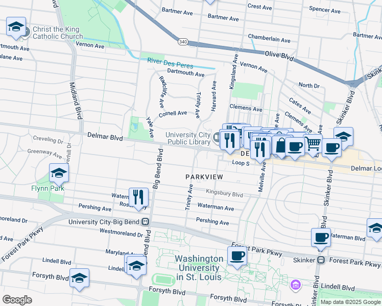 map of restaurants, bars, coffee shops, grocery stores, and more near 6900 Delmar Boulevard in University City