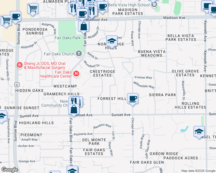 map of restaurants, bars, coffee shops, grocery stores, and more near 4933 Forrestal Street in Fair Oaks
