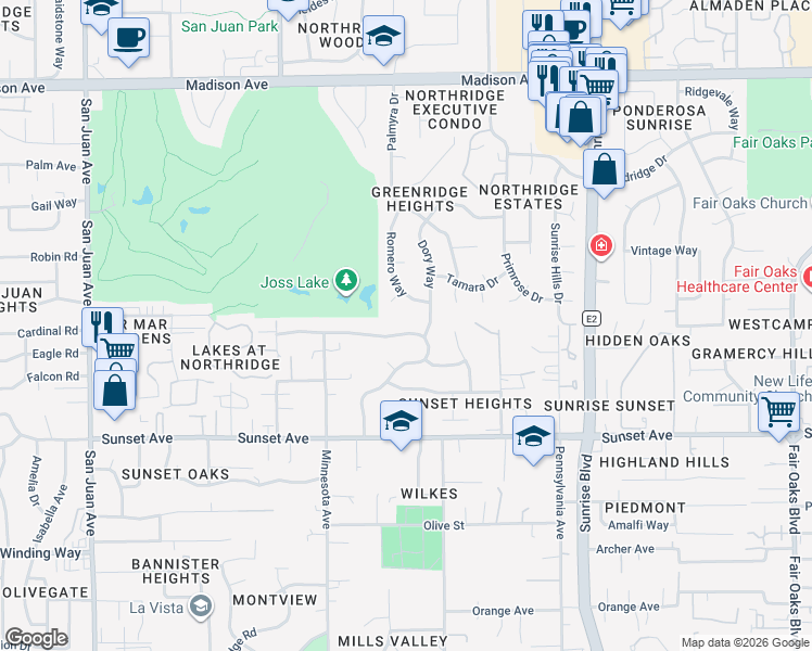 map of restaurants, bars, coffee shops, grocery stores, and more near 7769 Greenridge Way in Fair Oaks