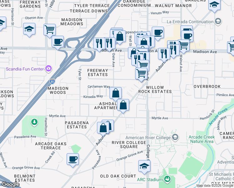 map of restaurants, bars, coffee shops, grocery stores, and more near 4712 Judy Court in Sacramento