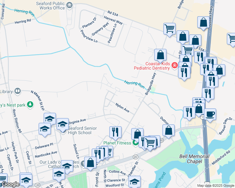 map of restaurants, bars, coffee shops, grocery stores, and more near 531 Yorktowne Lane in Seaford