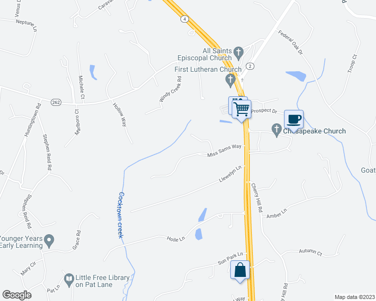 map of restaurants, bars, coffee shops, grocery stores, and more near 95 Miss Sams Way in Huntingtown
