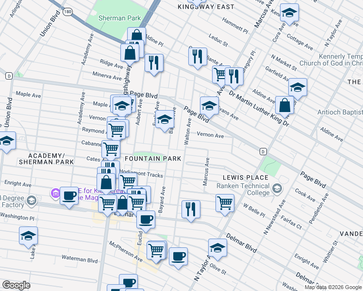 map of restaurants, bars, coffee shops, grocery stores, and more near 4753 Newberry Terrace in St. Louis