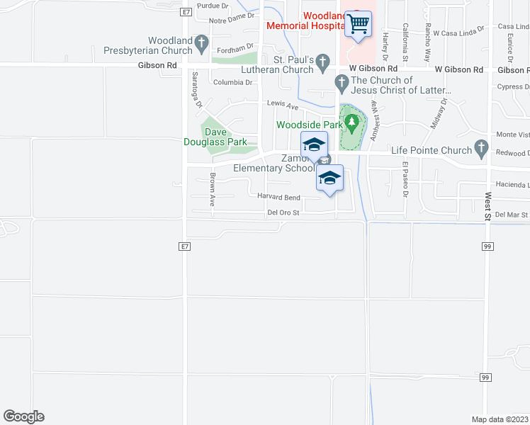 map of restaurants, bars, coffee shops, grocery stores, and more near 801 Del Oro Street in Woodland