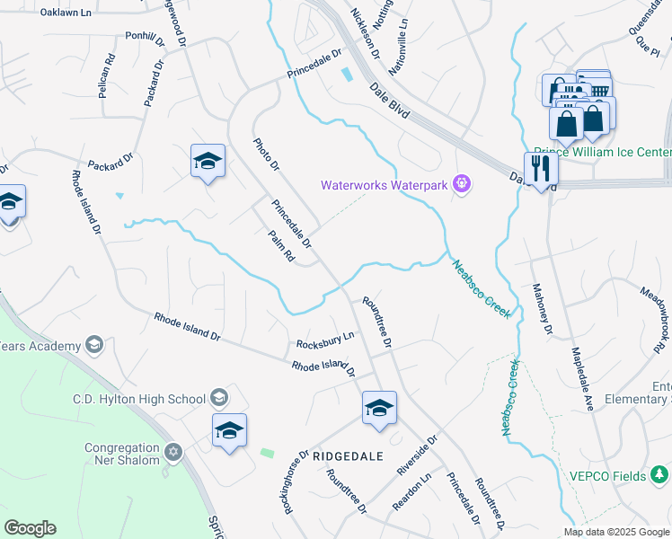 map of restaurants, bars, coffee shops, grocery stores, and more near 13479 Princedale Drive in Woodbridge