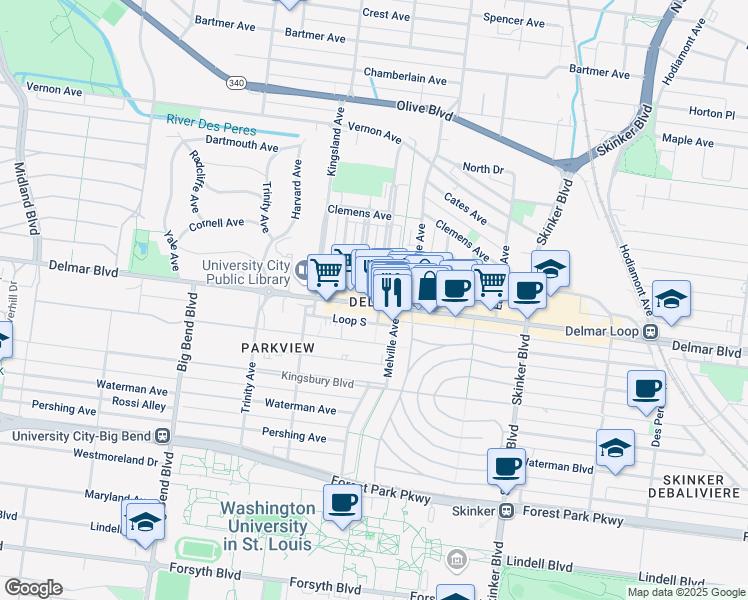 map of restaurants, bars, coffee shops, grocery stores, and more near 605 Leland Avenue in University City