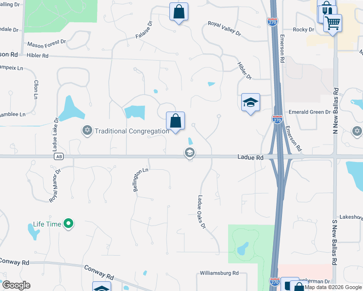 map of restaurants, bars, coffee shops, grocery stores, and more near 106 Worthington Oaks Drive in Creve Coeur