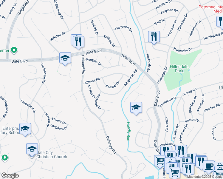 map of restaurants, bars, coffee shops, grocery stores, and more near 4721 Koester Dr in Woodbridge