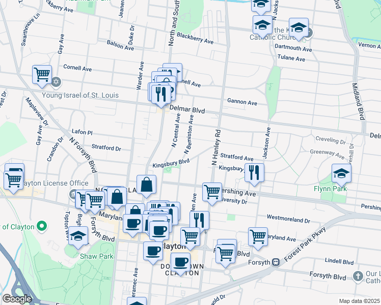 map of restaurants, bars, coffee shops, grocery stores, and more near 7747 Kingsbury Boulevard in St. Louis