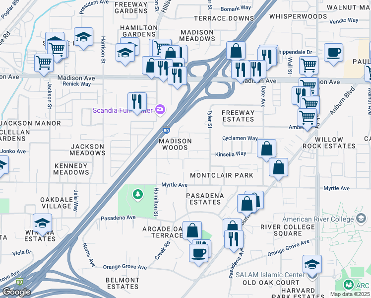 map of restaurants, bars, coffee shops, grocery stores, and more near 4413 Mieko Way in Sacramento