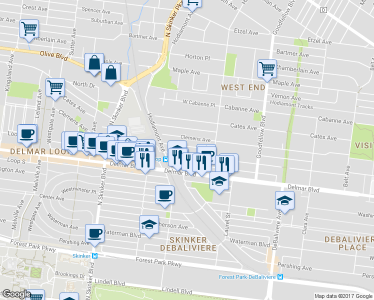 map of restaurants, bars, coffee shops, grocery stores, and more near 5963 Enright Avenue in St. Louis