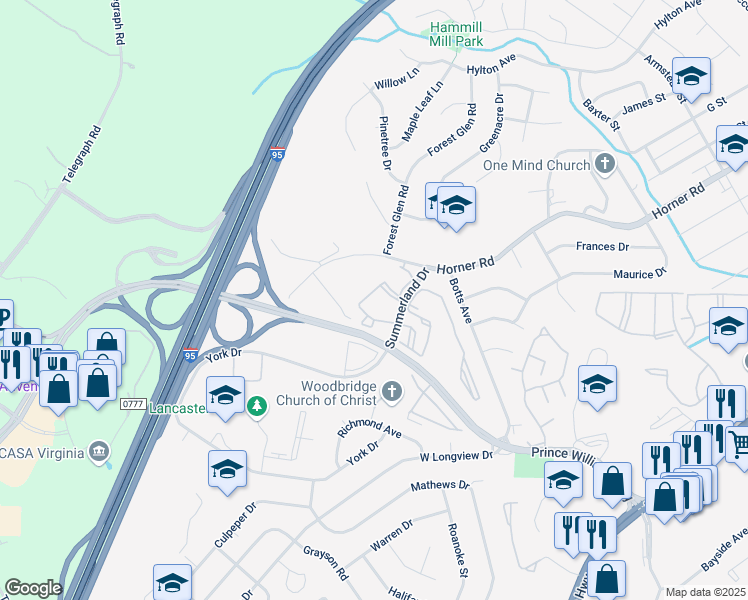 map of restaurants, bars, coffee shops, grocery stores, and more near 1043 Gardenview Loop in Woodbridge