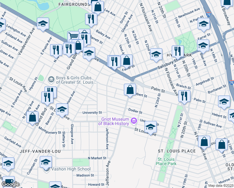 map of restaurants, bars, coffee shops, grocery stores, and more near 3112 Lismore Street in St. Louis