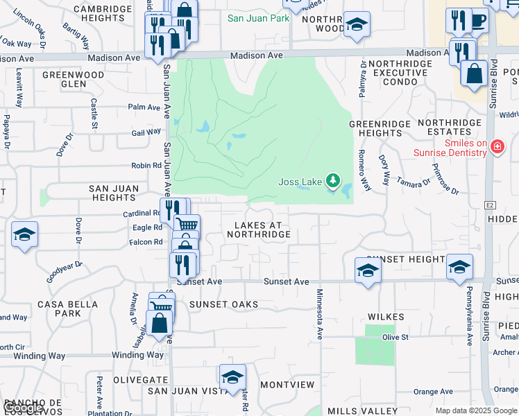 map of restaurants, bars, coffee shops, grocery stores, and more near 7532 Pineridge Road in Fair Oaks