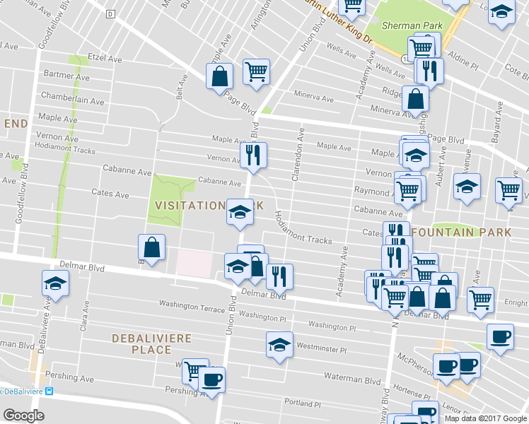 map of restaurants, bars, coffee shops, grocery stores, and more near 5239 Cates Avenue in St. Louis