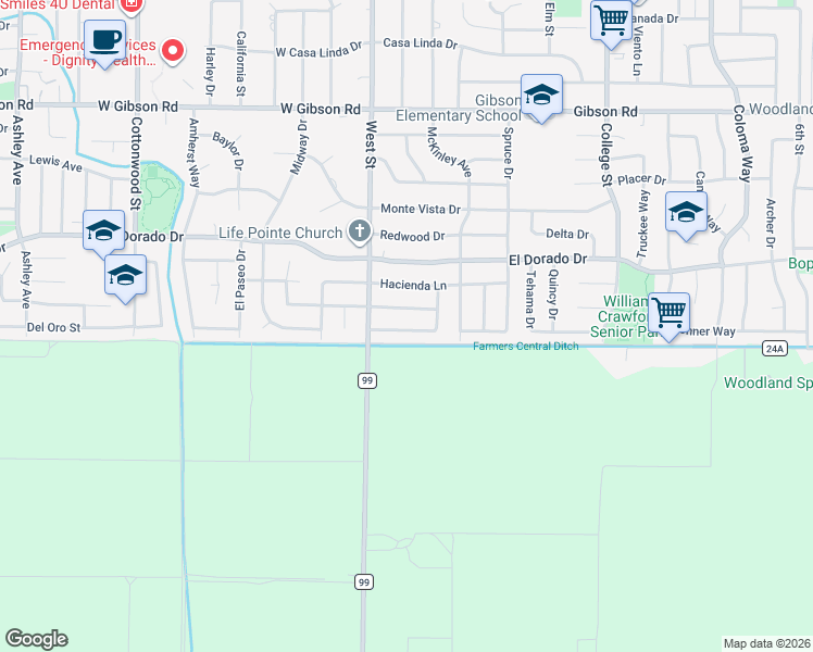 map of restaurants, bars, coffee shops, grocery stores, and more near 12 Miramonte Drive in Woodland