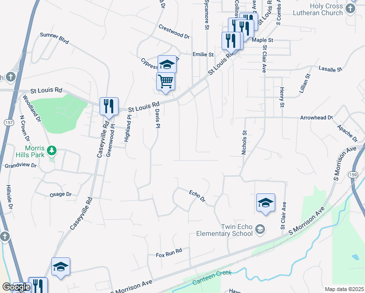 map of restaurants, bars, coffee shops, grocery stores, and more near 158 Helen Place in Collinsville