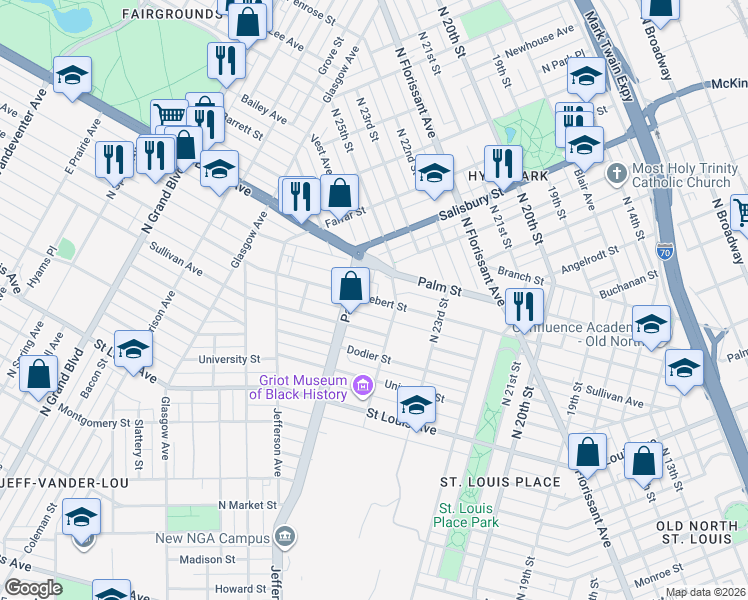 map of restaurants, bars, coffee shops, grocery stores, and more near 3507 North 25th Street in St. Louis