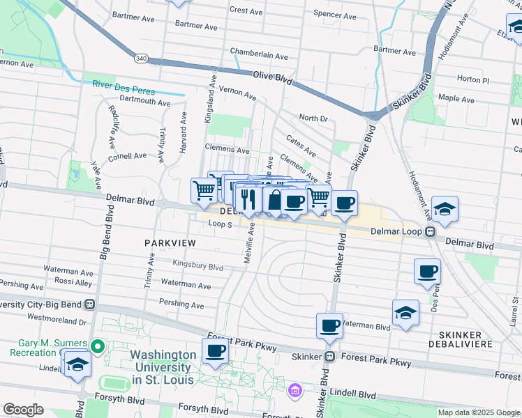 map of restaurants, bars, coffee shops, grocery stores, and more near in St. Louis