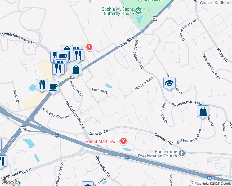 map of restaurants, bars, coffee shops, grocery stores, and more near 1104 Brisbane Drive in Chesterfield