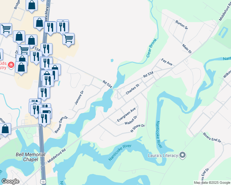 map of restaurants, bars, coffee shops, grocery stores, and more near 260 Marion Drive in Seaford