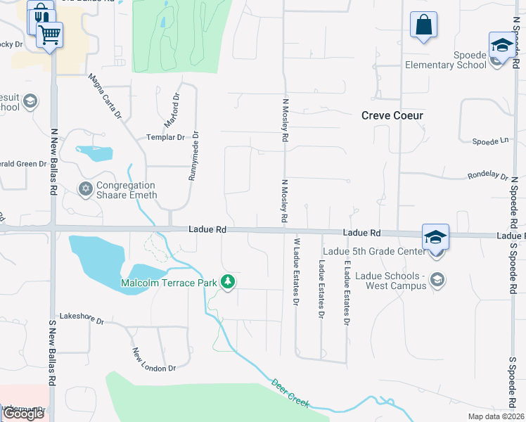 map of restaurants, bars, coffee shops, grocery stores, and more near 104 Ladue Meadows Lane in Creve Coeur