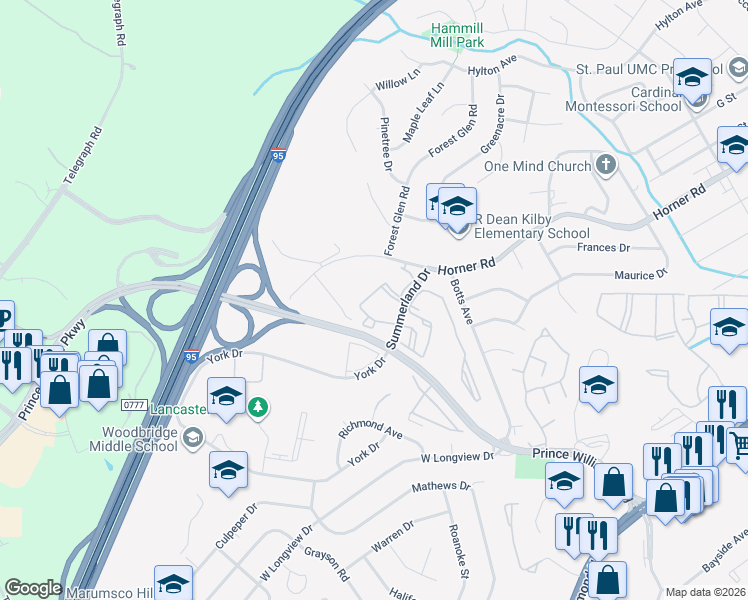 map of restaurants, bars, coffee shops, grocery stores, and more near 1043 Gardenview Loop in Woodbridge