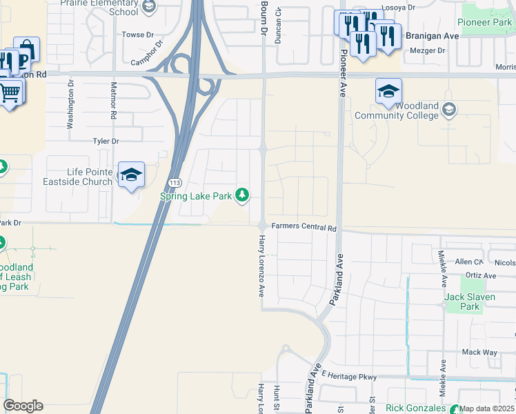 map of restaurants, bars, coffee shops, grocery stores, and more near 1549 Osborn Drive in Woodland
