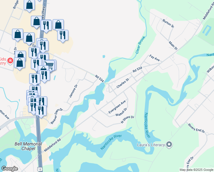 map of restaurants, bars, coffee shops, grocery stores, and more near 260 Marion Drive in Seaford
