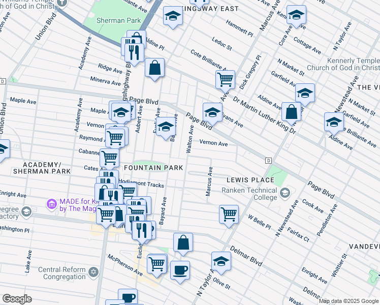 map of restaurants, bars, coffee shops, grocery stores, and more near 4753 Newberry Terrace in St. Louis