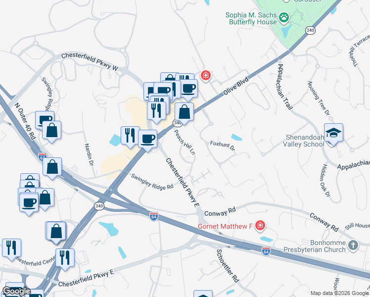 map of restaurants, bars, coffee shops, grocery stores, and more near 915 Peach Hill Lane in Chesterfield