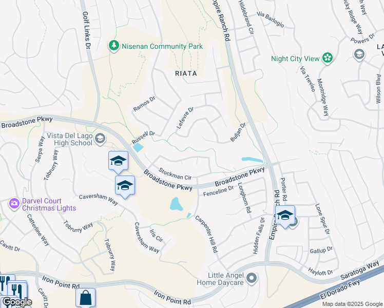 map of restaurants, bars, coffee shops, grocery stores, and more near 2046 Stockman Circle in Folsom