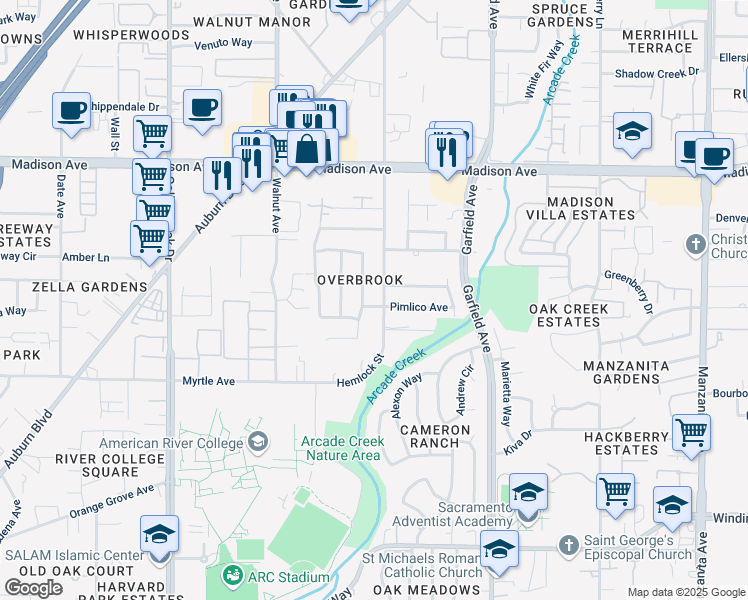 map of restaurants, bars, coffee shops, grocery stores, and more near 4969 Holyoke Way in Sacramento