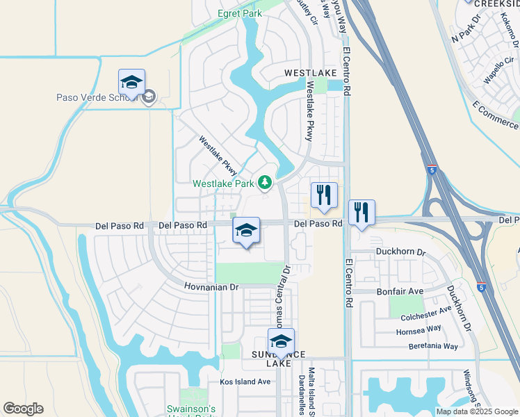 map of restaurants, bars, coffee shops, grocery stores, and more near 4700 Westlake Parkway in Sacramento