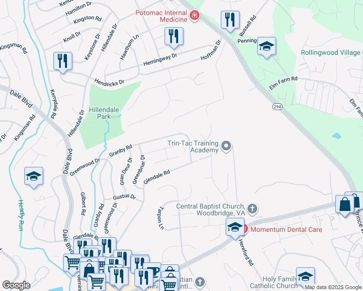 map of restaurants, bars, coffee shops, grocery stores, and more near 4101 Gardensen Drive in Woodbridge