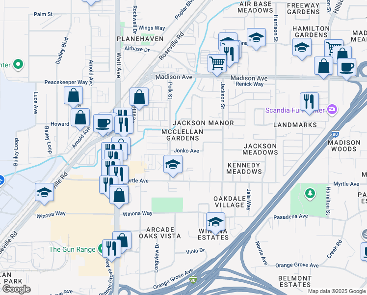 map of restaurants, bars, coffee shops, grocery stores, and more near 3717 Jonko Avenue in North Highlands