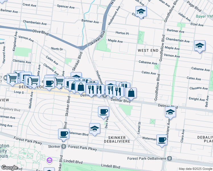 map of restaurants, bars, coffee shops, grocery stores, and more near 6031 Enright Avenue in St. Louis