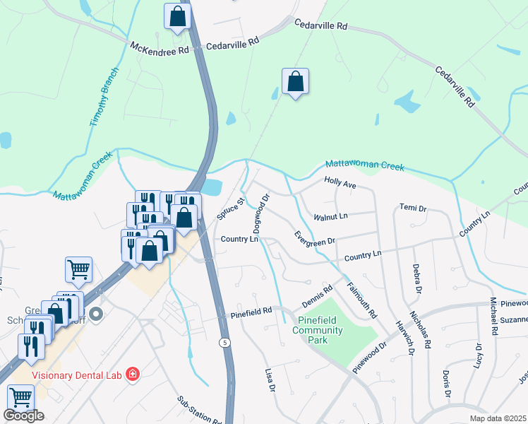 map of restaurants, bars, coffee shops, grocery stores, and more near 2006 Dogwood Drive in Waldorf