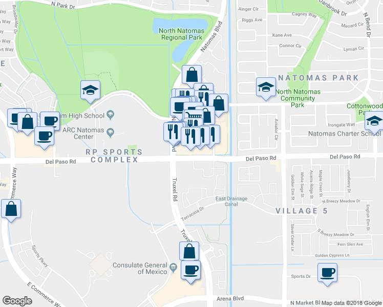 map of restaurants, bars, coffee shops, grocery stores, and more near 2281 Del Paso Road in Sacramento