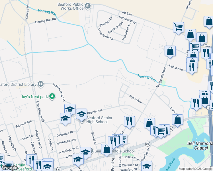 map of restaurants, bars, coffee shops, grocery stores, and more near 187 Kent Drive in Seaford