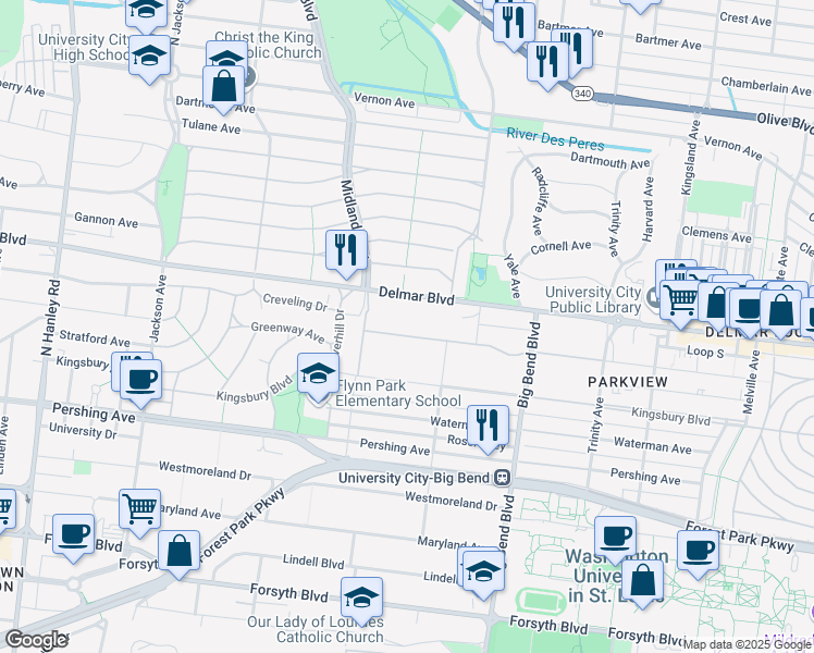 map of restaurants, bars, coffee shops, grocery stores, and more near 7163 Washington Avenue in University City