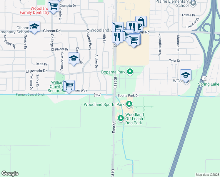 map of restaurants, bars, coffee shops, grocery stores, and more near 1737 6th Street in Woodland