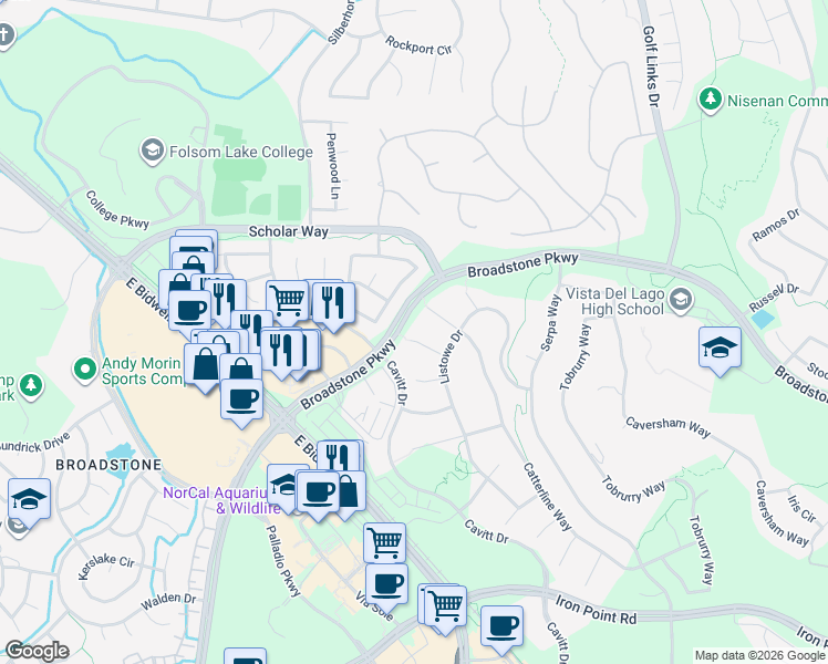 map of restaurants, bars, coffee shops, grocery stores, and more near 1662 Gallinger Court in Folsom