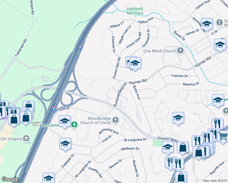 map of restaurants, bars, coffee shops, grocery stores, and more near 1031 Gardenview Loop in Woodbridge