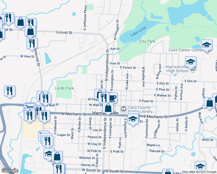 map of restaurants, bars, coffee shops, grocery stores, and more near 305 North Independence Street in Harrisonville