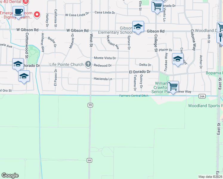 map of restaurants, bars, coffee shops, grocery stores, and more near 1744 Del Rey Street in Woodland